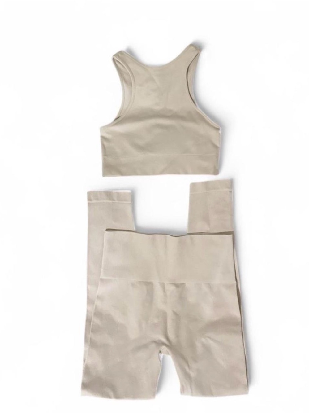 Beige Seamless Racerback Sports Bra and High-Waist Bike Shorts Set